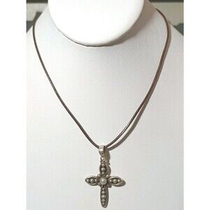 Silpada Credence Pearl Sterling Silver Cross Pendant Leather Necklace